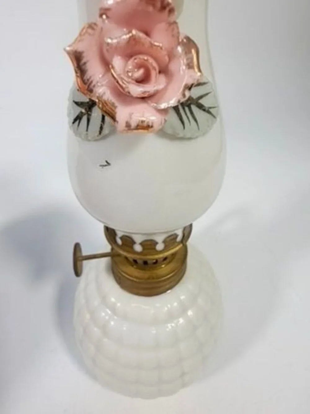 Mini Finger Oil Lamp Porcelain Ceramic Raised Rose Shade Chimney Vintage Home De - Picture 12 of 16
